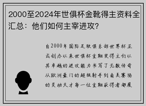 2000至2024年世俱杯金靴得主资料全汇总：他们如何主宰进攻？