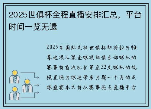 2025世俱杯全程直播安排汇总，平台时间一览无遗