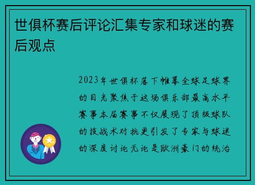 世俱杯赛后评论汇集专家和球迷的赛后观点