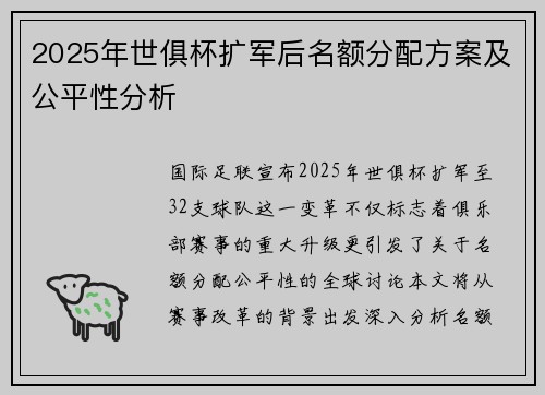 2025年世俱杯扩军后名额分配方案及公平性分析