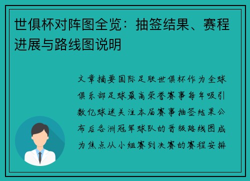 世俱杯对阵图全览：抽签结果、赛程进展与路线图说明